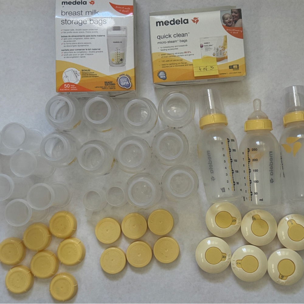 19 Medela Bottles/Vials, 50 NWT Milk Storage Bags, and Cleaning Bags Bundle